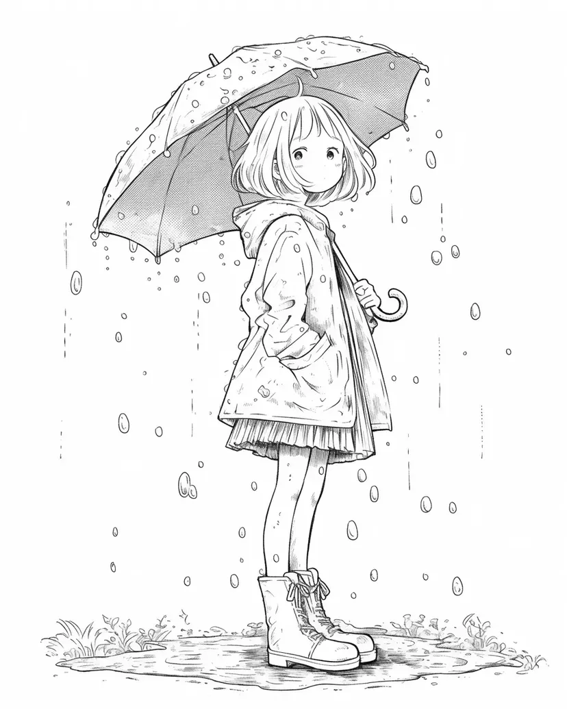 雨の日の少女の塗り絵