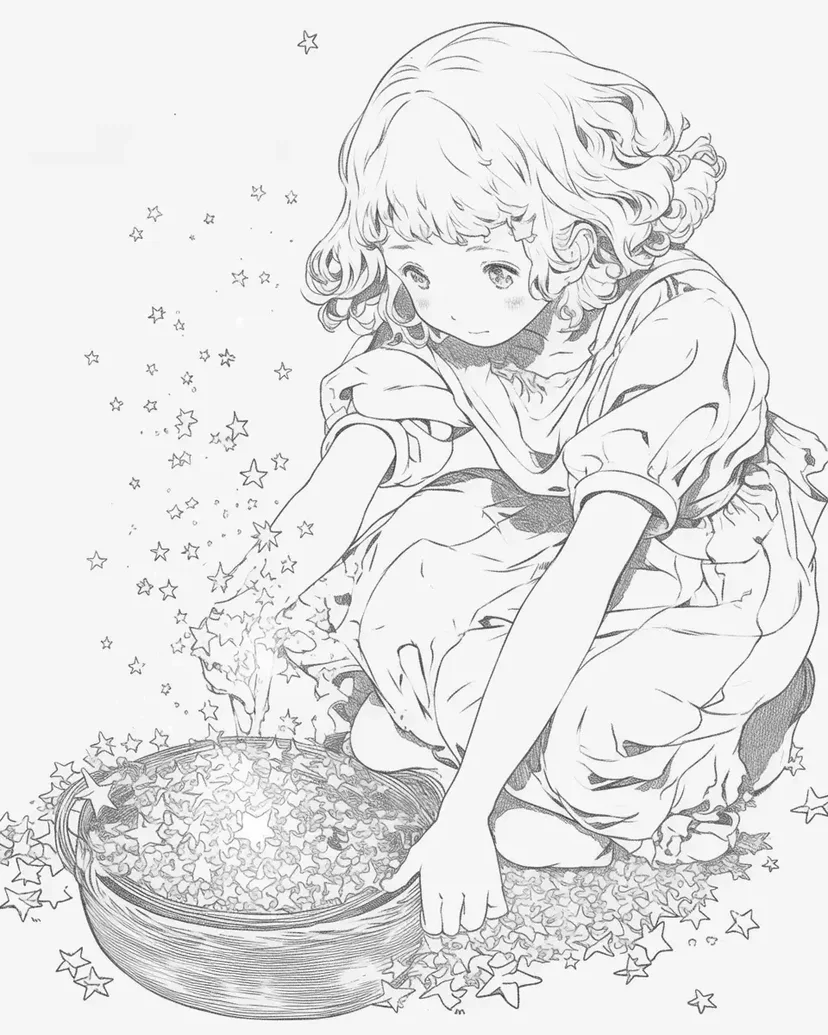 星を集める少女の塗り絵