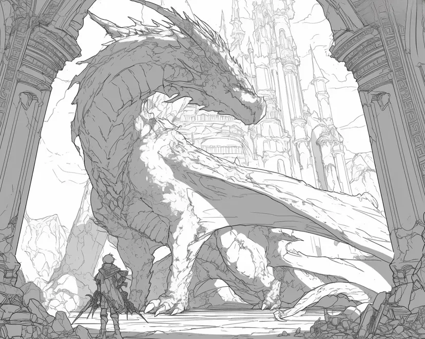 Desenho de Dragão e Aventureiro para colorir