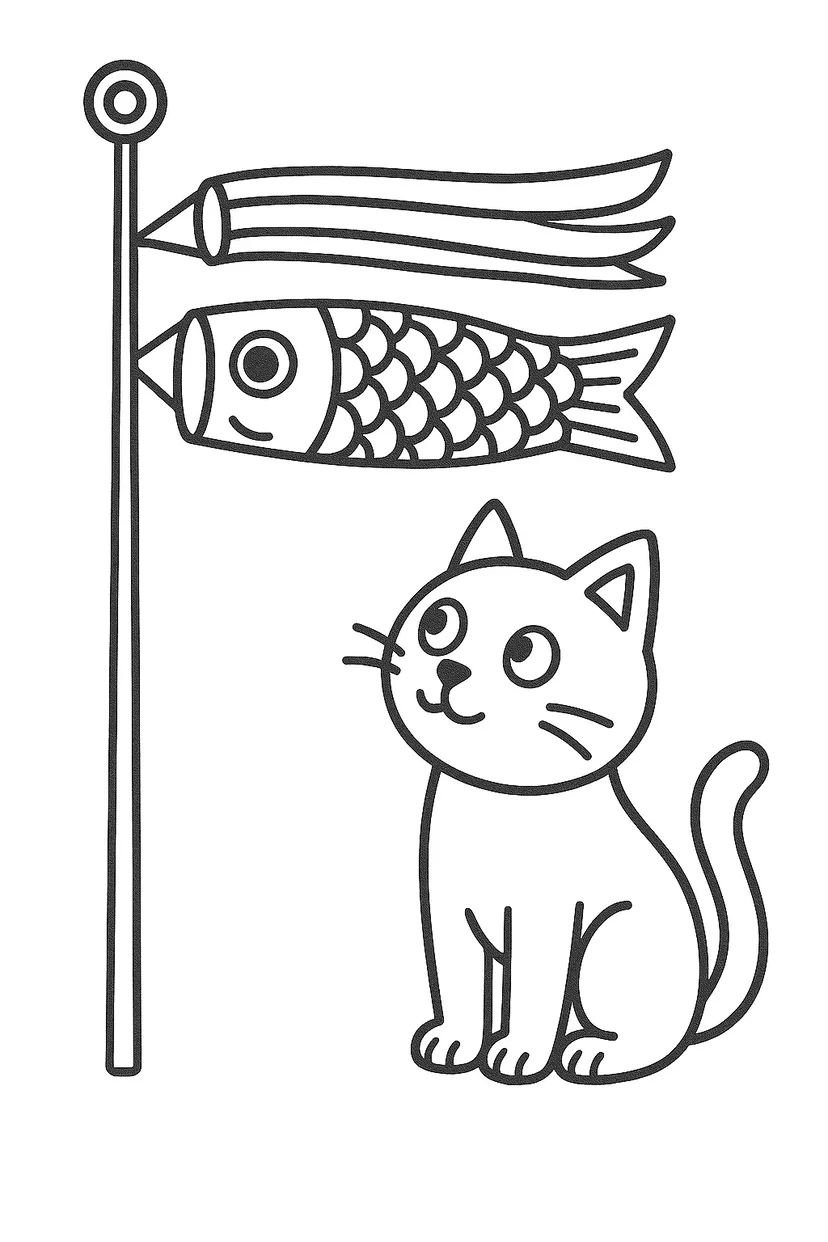 Dibujo de Koinobori y Gato para colorear