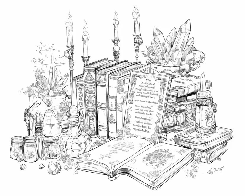Dibujo de Libros Mágicos y Cristales para colorear