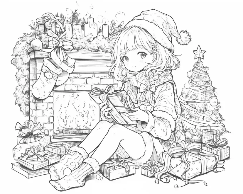 クリスマスの贈り物を開ける少女の塗り絵