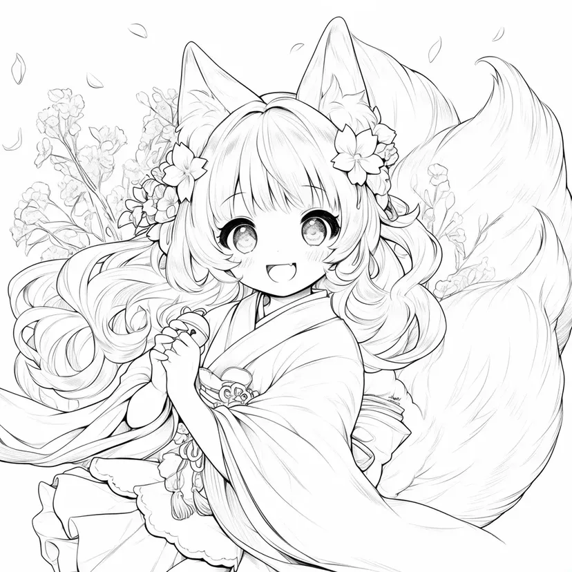 Fox Girl with Flowers coloring page