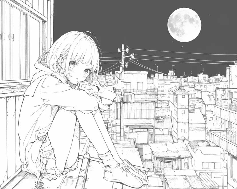 月夜に想いを馳せる少女の塗り絵