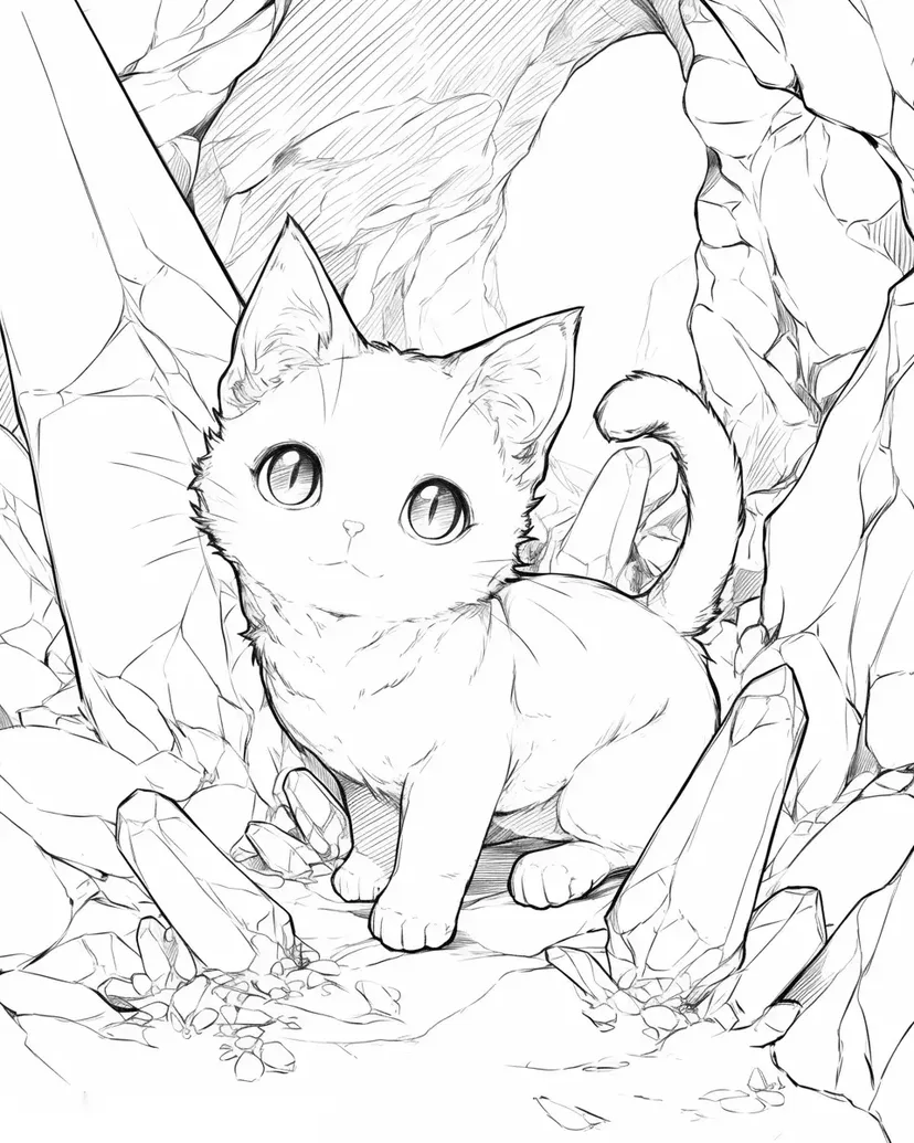 Desenho de Gatinho em uma Caverna Brilhante para colorir