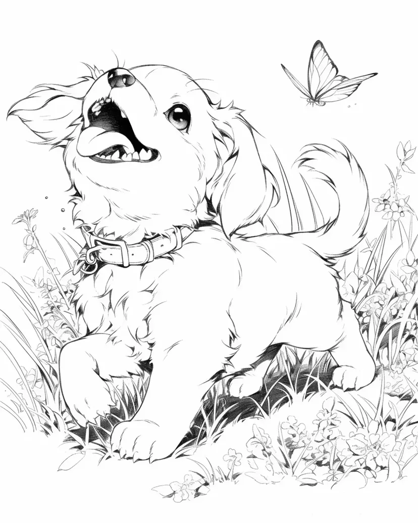 Desenho de Filhote Brincalhão Perseguindo uma Borboleta para colorir