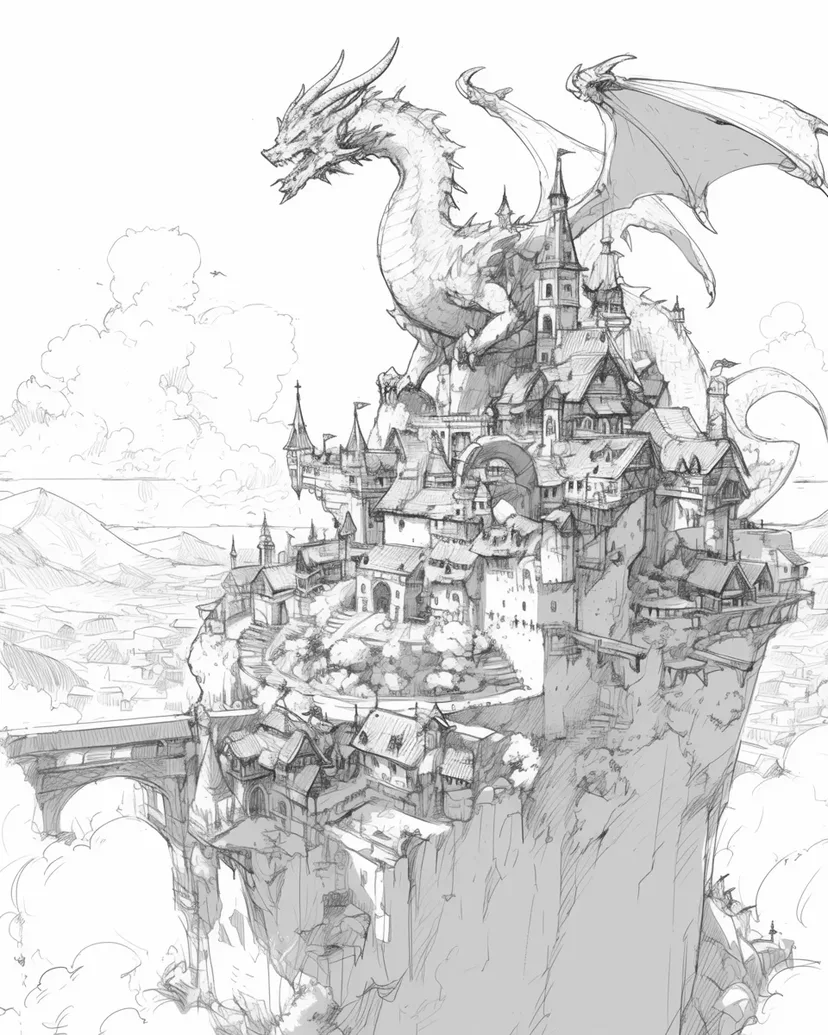 ドラゴンと空中の城の塗り絵