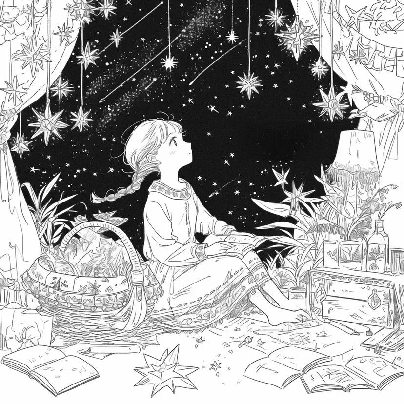 仰望星空的女孩涂色页