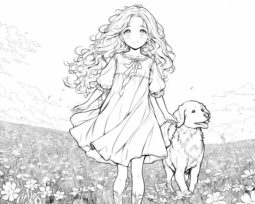 花畑と少女と犬の塗り絵