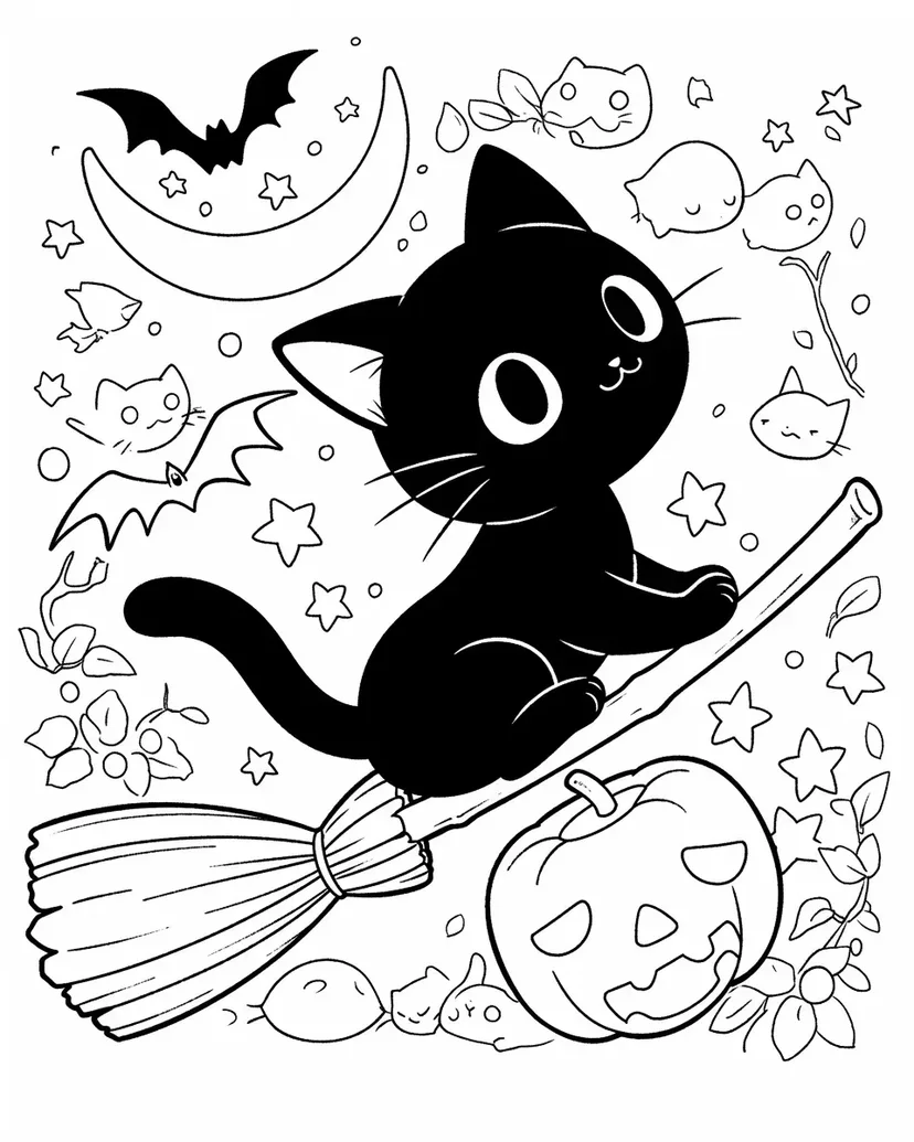 星空の中の黒猫の塗り絵