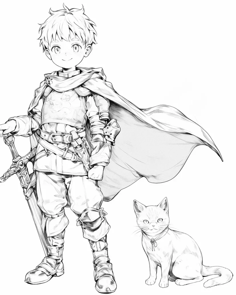 Adventure of the Hero and the Cat coloring page