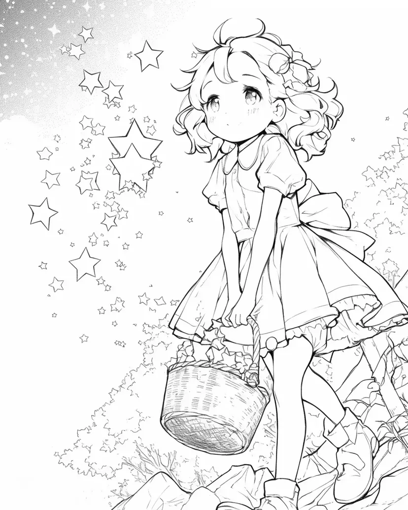 星を集める少女の塗り絵