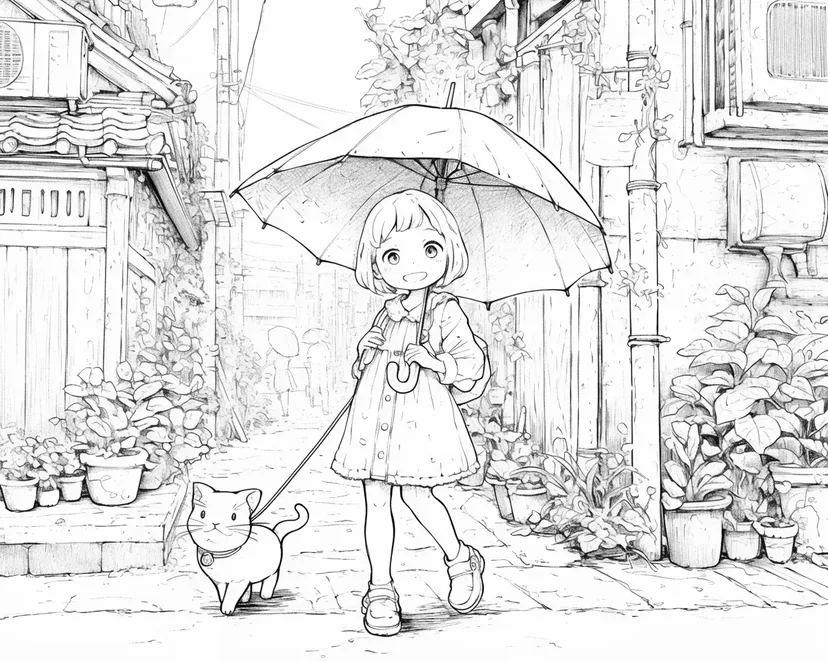 雨の日のお散歩の塗り絵