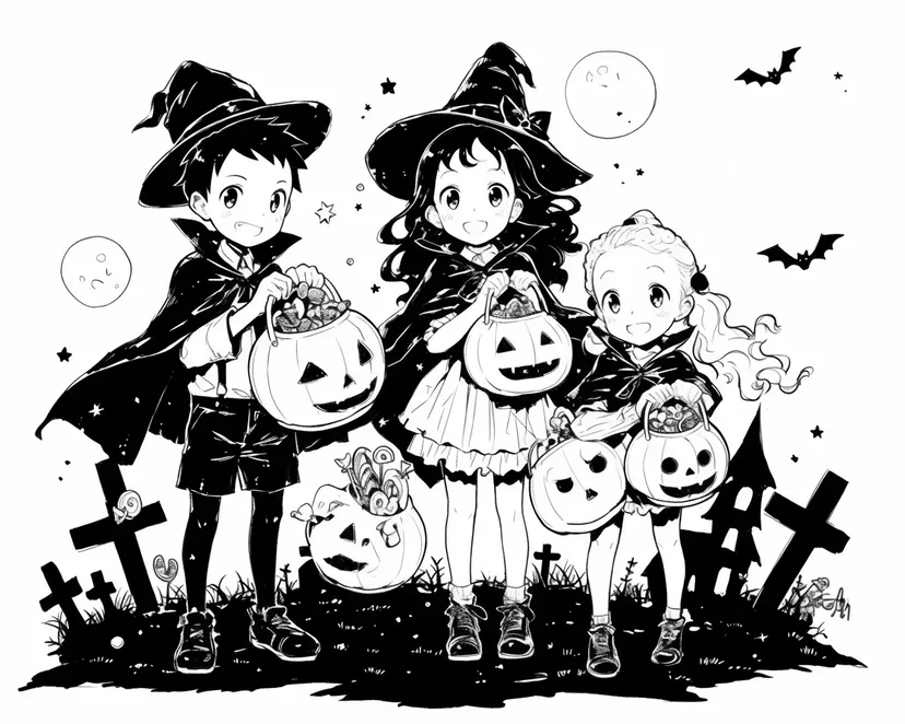ハロウィンの夜の子どもたちの塗り絵