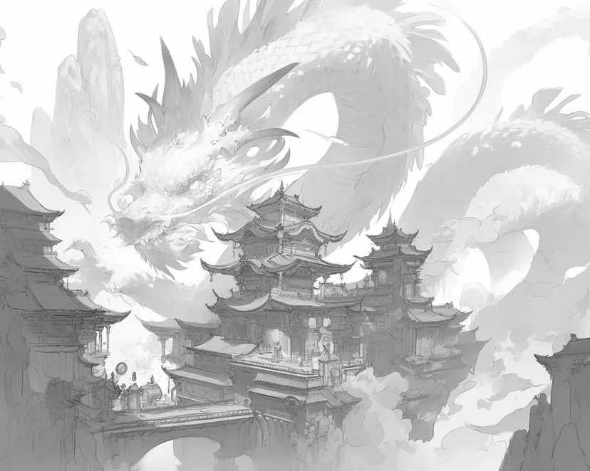Dibujo de Dragón del Cielo y Ciudad Antigua para colorear