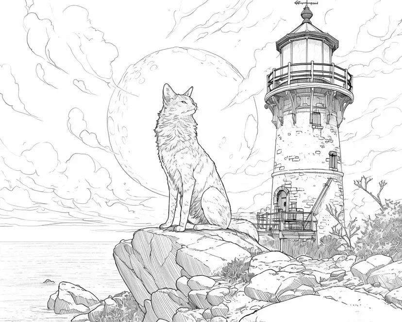 Dibujo de El Faro y el Gato a la Luz de la Luna para colorear