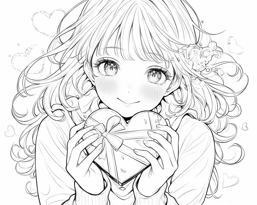 Coloriage Fille Tenant un Cœur