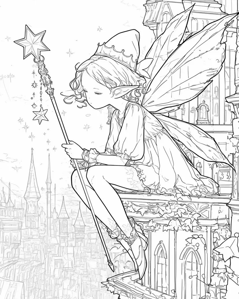 Dibujo de Hada Observando la Ciudad Soñadora para colorear