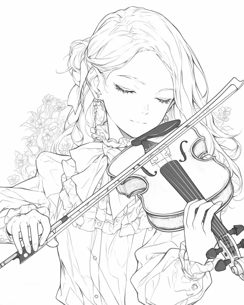 バイオリンを奏でる少女の塗り絵
