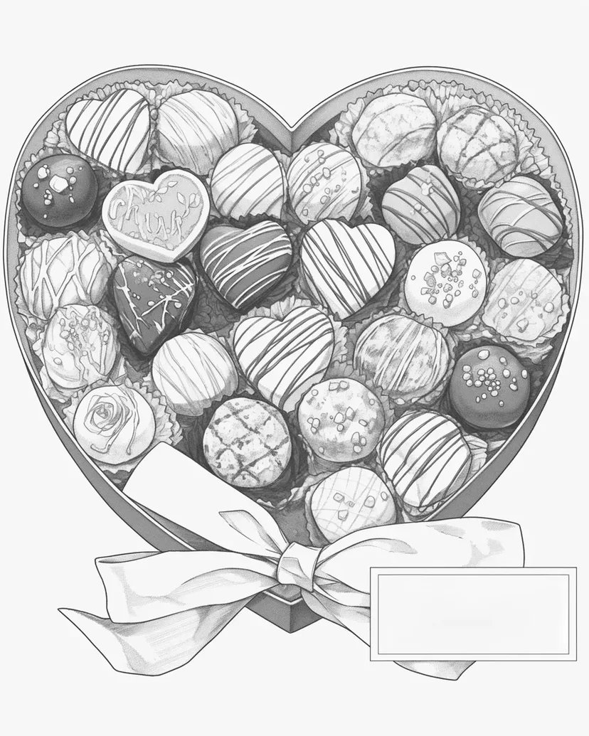 ハートのチョコレートボックスの塗り絵