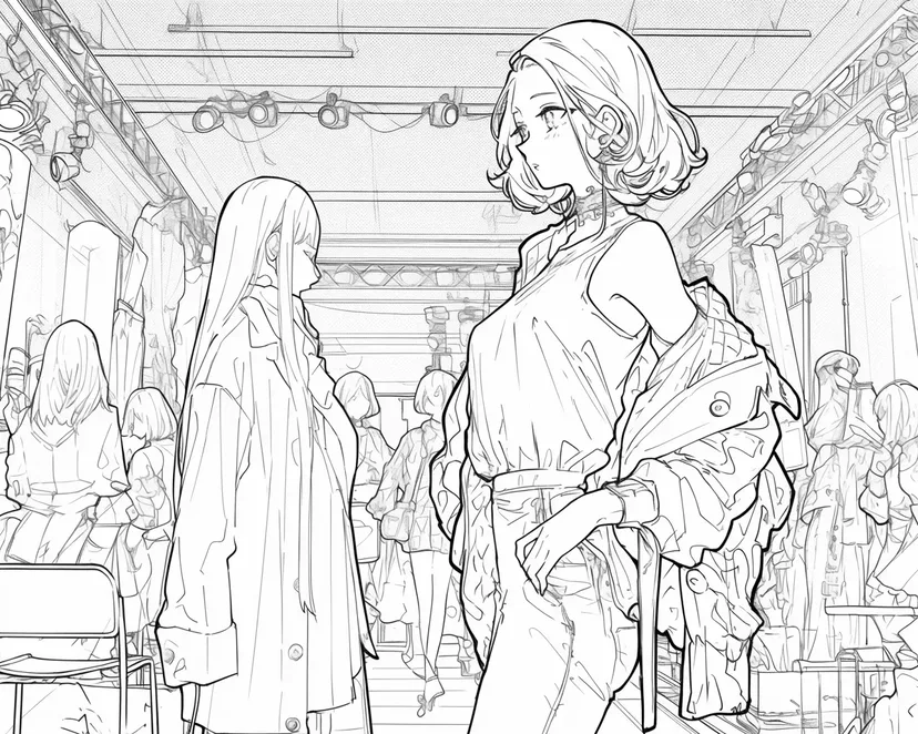 ファッションショーの舞台裏の塗り絵