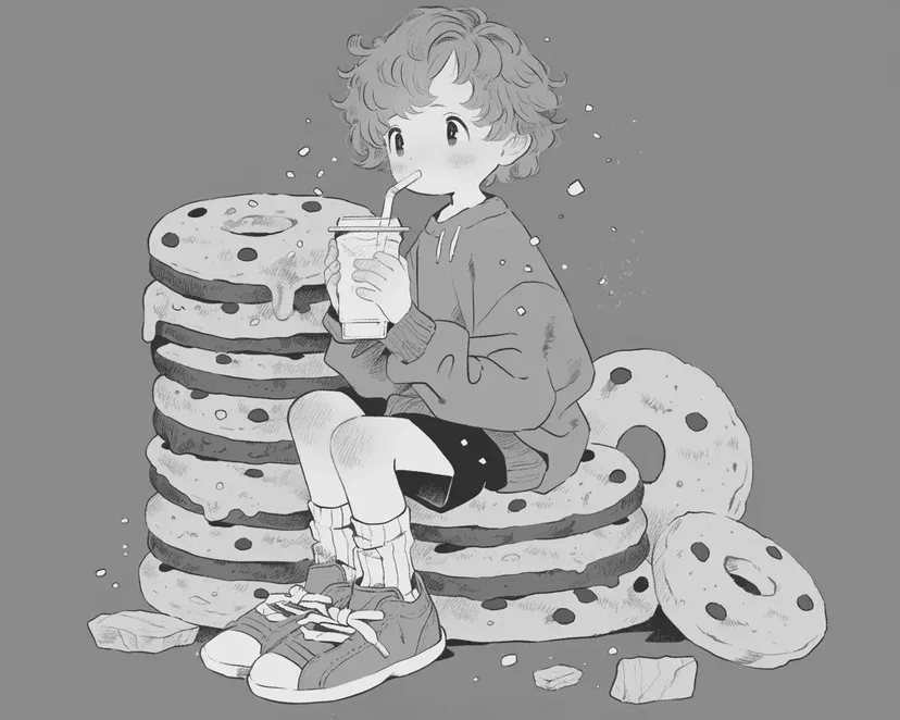 クッキーの山に座る少年の塗り絵