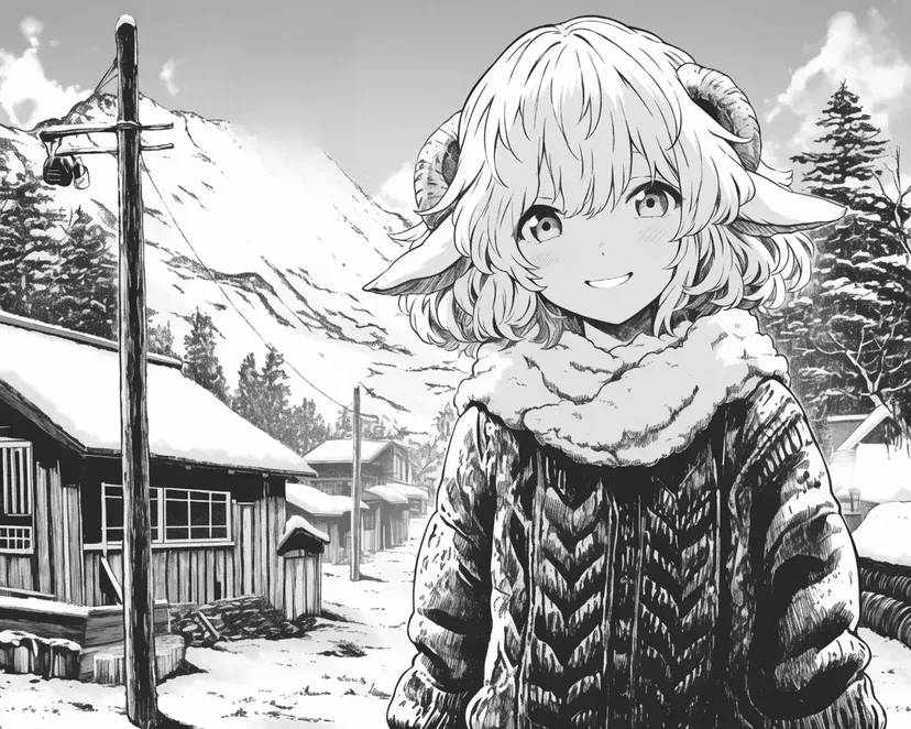 冬の山村の少女の塗り絵