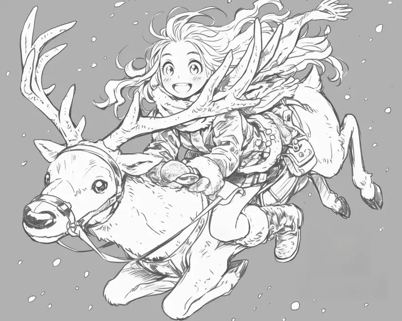 空を駆ける少女とトナカイの塗り絵