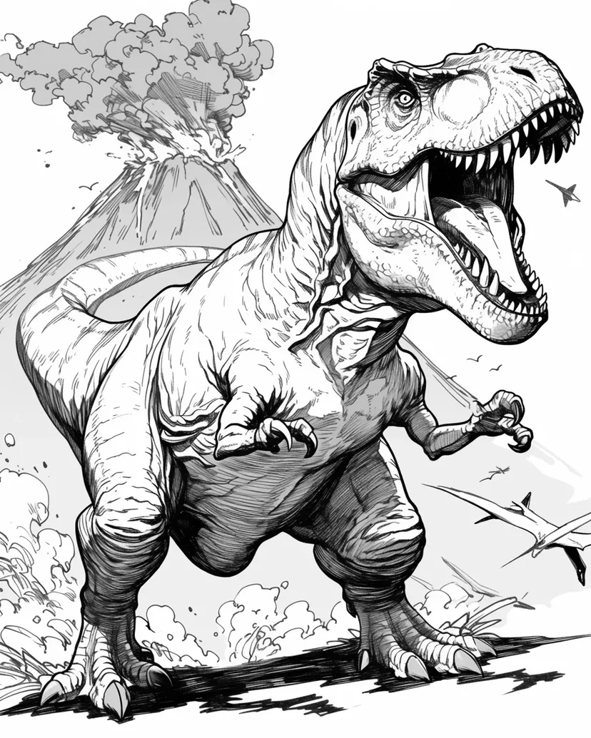 恐竜と火山の冒険の塗り絵