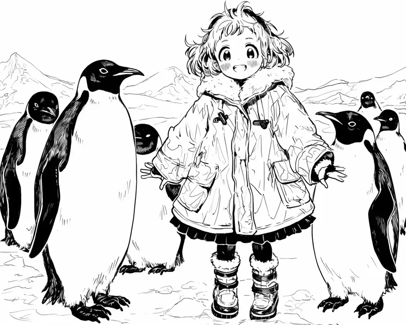 ペンギンと冬の少女の塗り絵