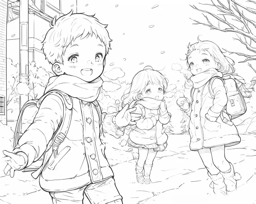 冬の日の通学の塗り絵