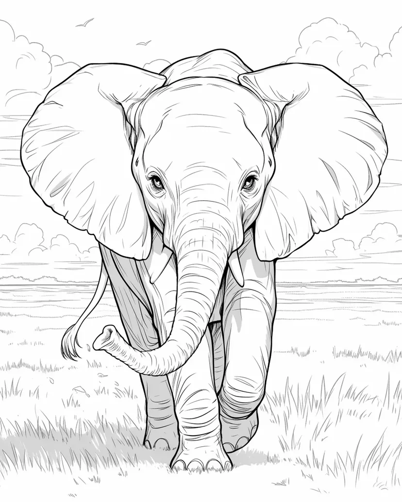 草原を歩くゾウの塗り絵