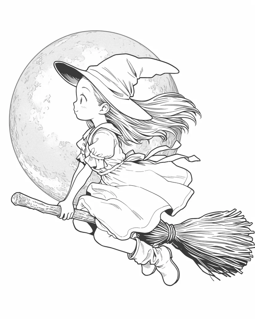 空を駆ける小さな魔女の塗り絵