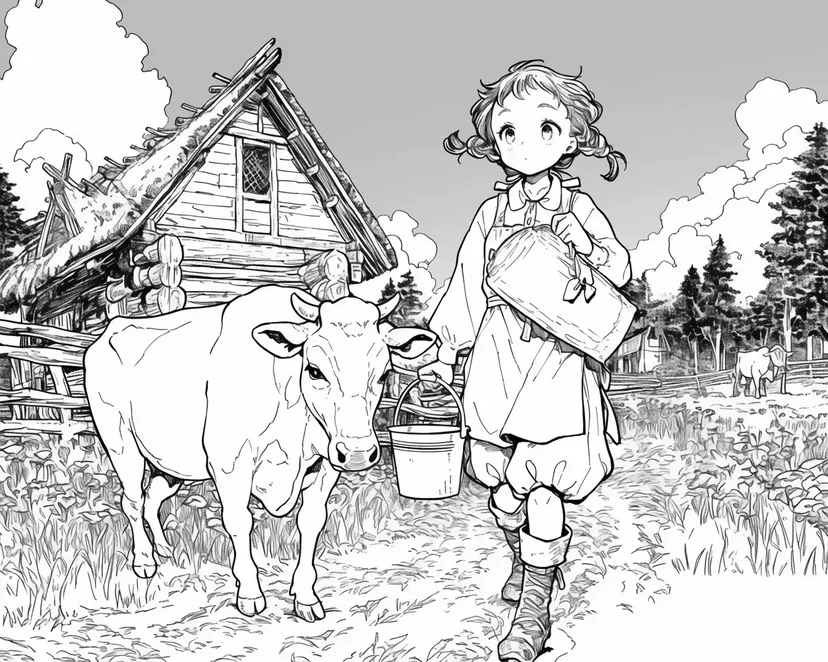 田舎の牧場の少女の塗り絵
