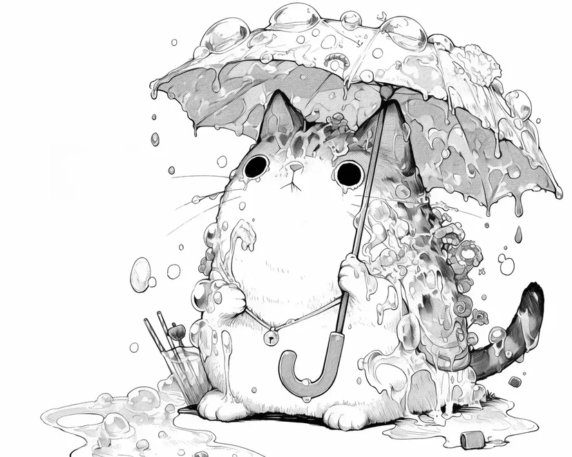 Dibujo de Gato Esponjoso en la Lluvia para colorear