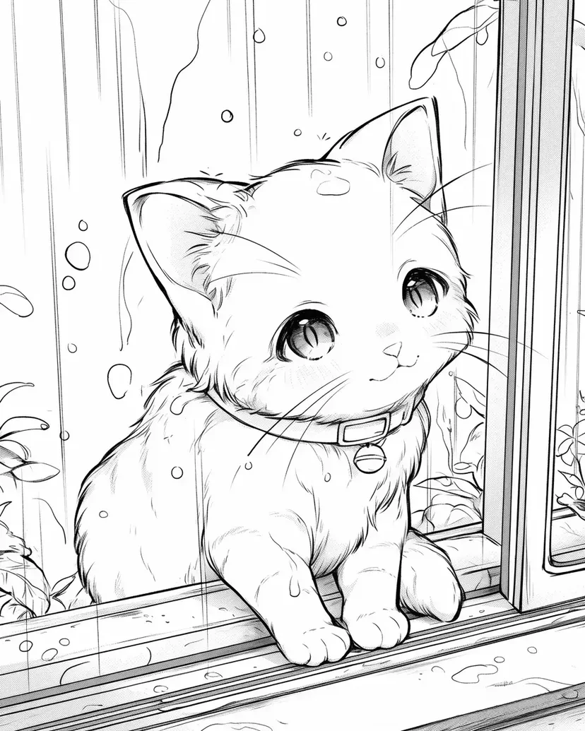 Gambar mewarnai Anak Kucing di Ambang Jendela
