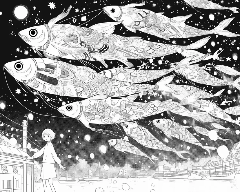 Desenho de Koinobori Dançando no Céu Noturno para colorir