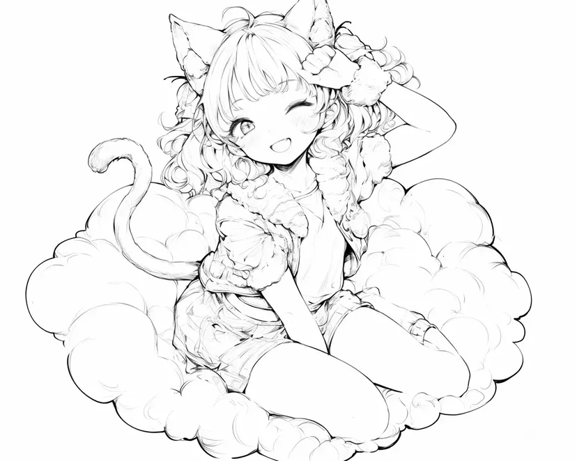 Desenho de Menina com Orelhas de Gato em Nuvens Macias para colorir