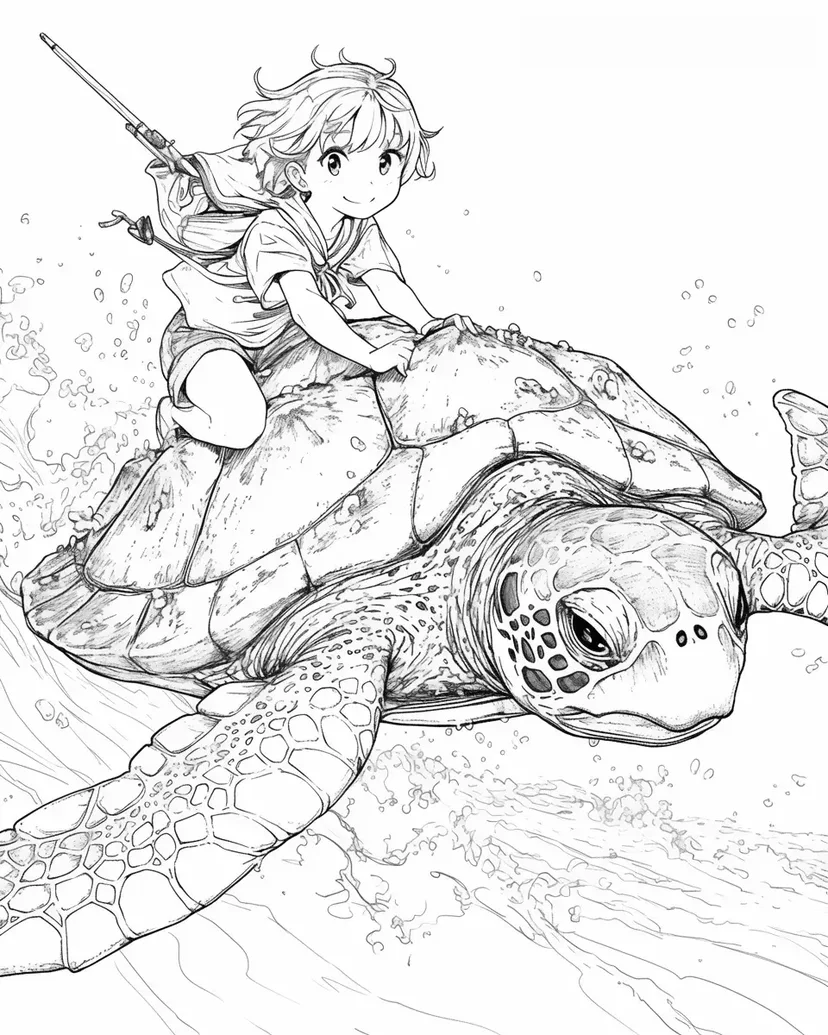 巨大なカメと冒険の塗り絵