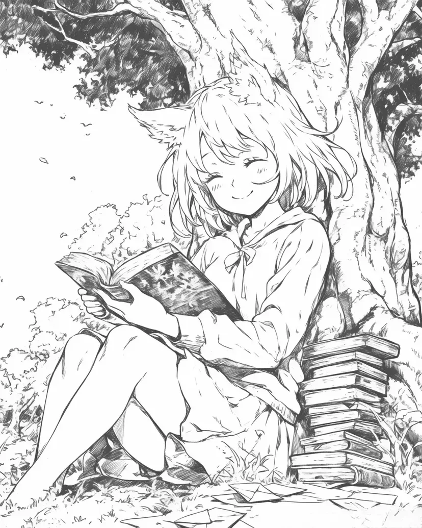 Coloriage Fille Lisant Sous un Arbre