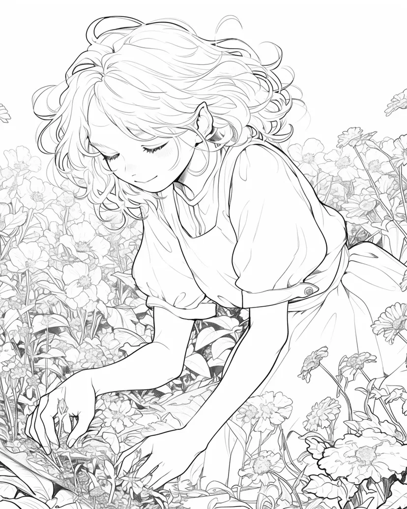 花畑で微笑む少女の塗り絵