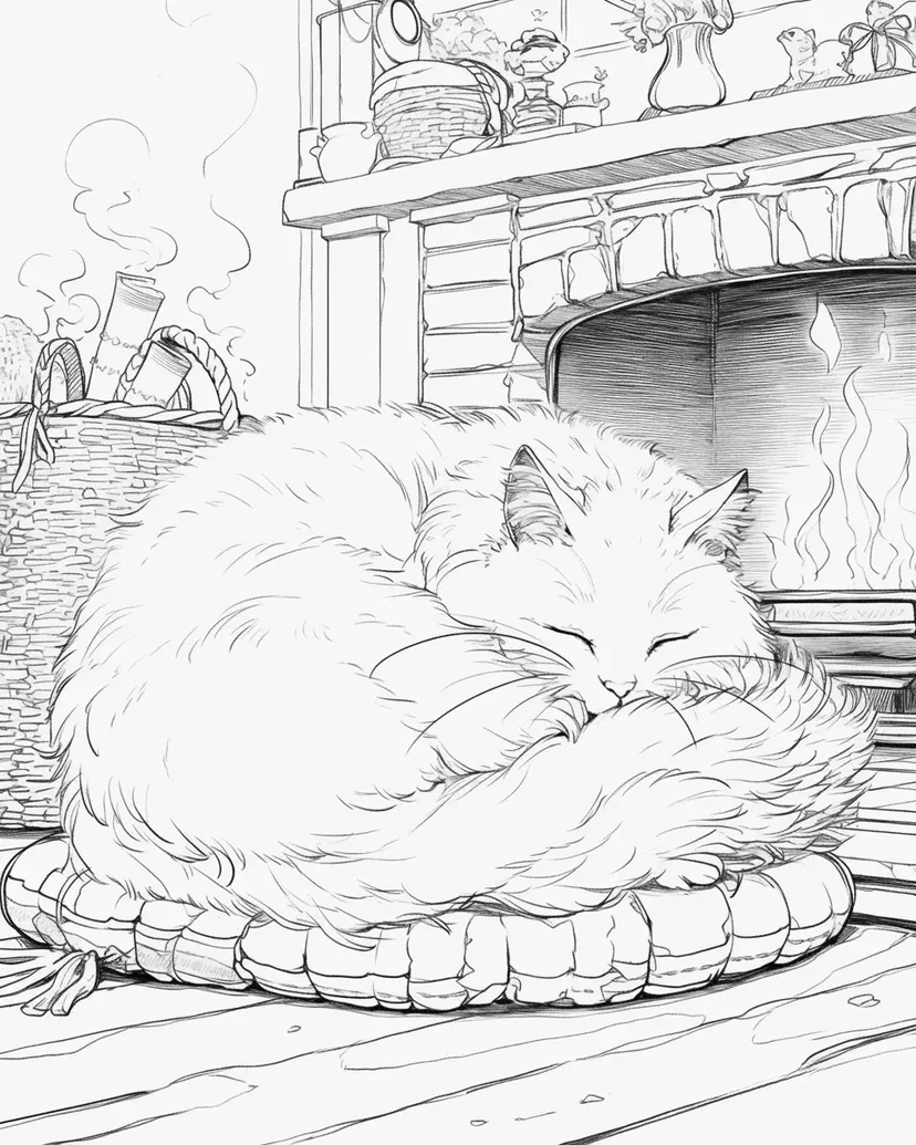暖炉の前で眠る猫の塗り絵