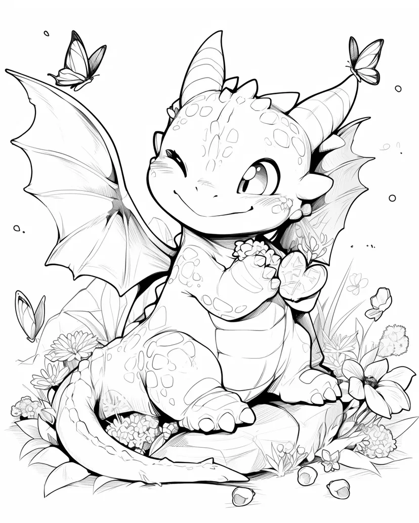 花の中のかわいいドラゴンの塗り絵