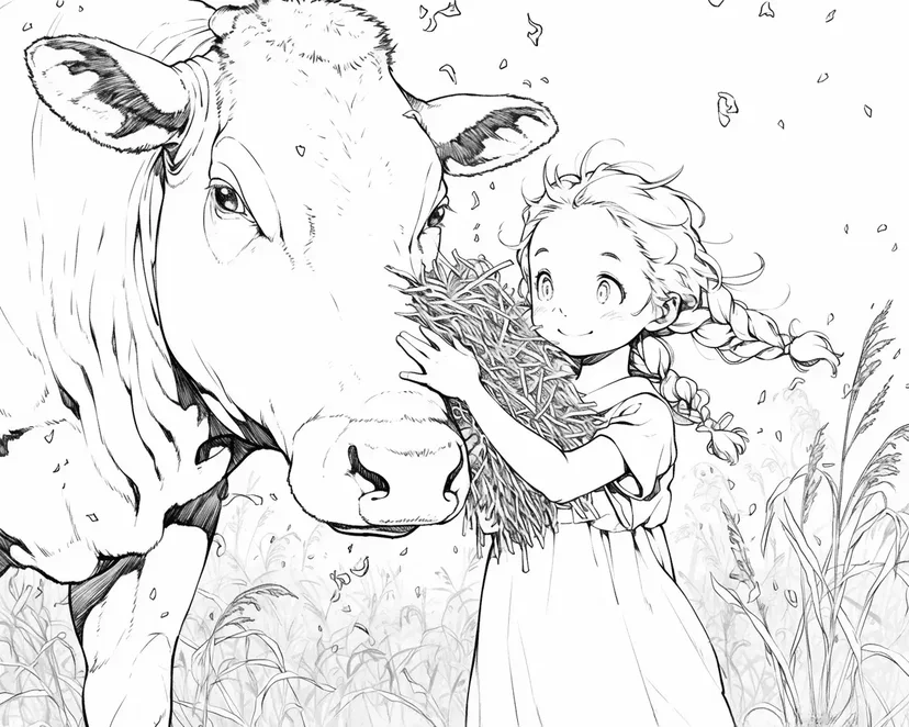 Girl and the Gentle Cow coloring page