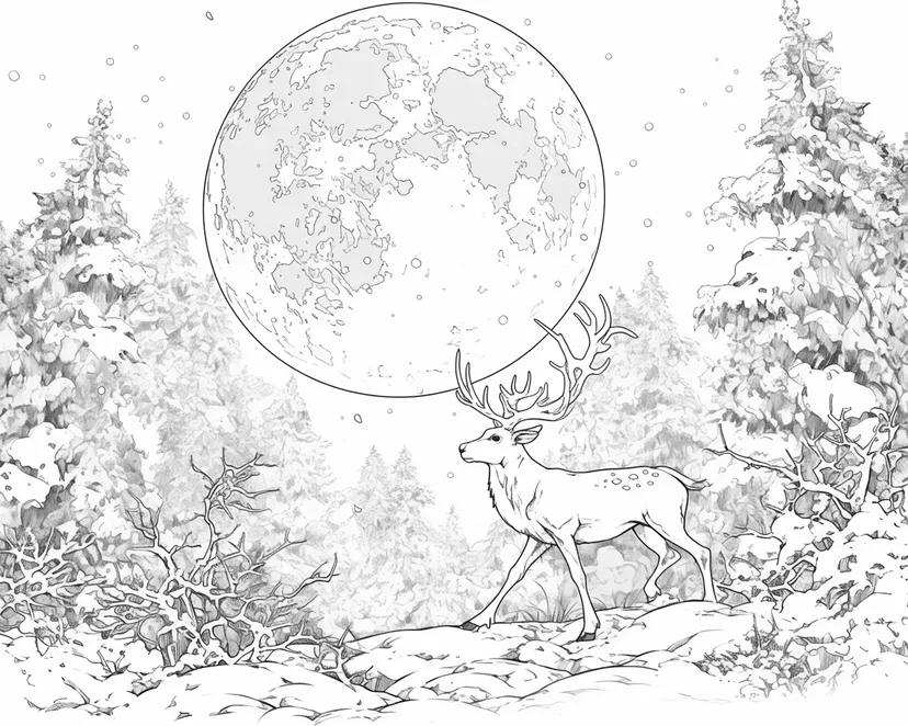 月夜の森を歩くシカの塗り絵
