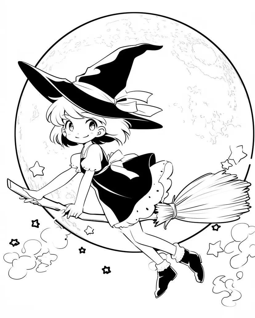 夜空を飛ぶ小さな魔女の塗り絵