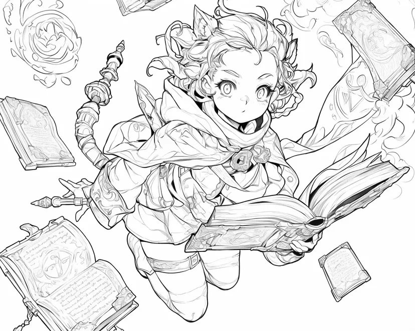 飞翔的魔法师和书籍涂色页