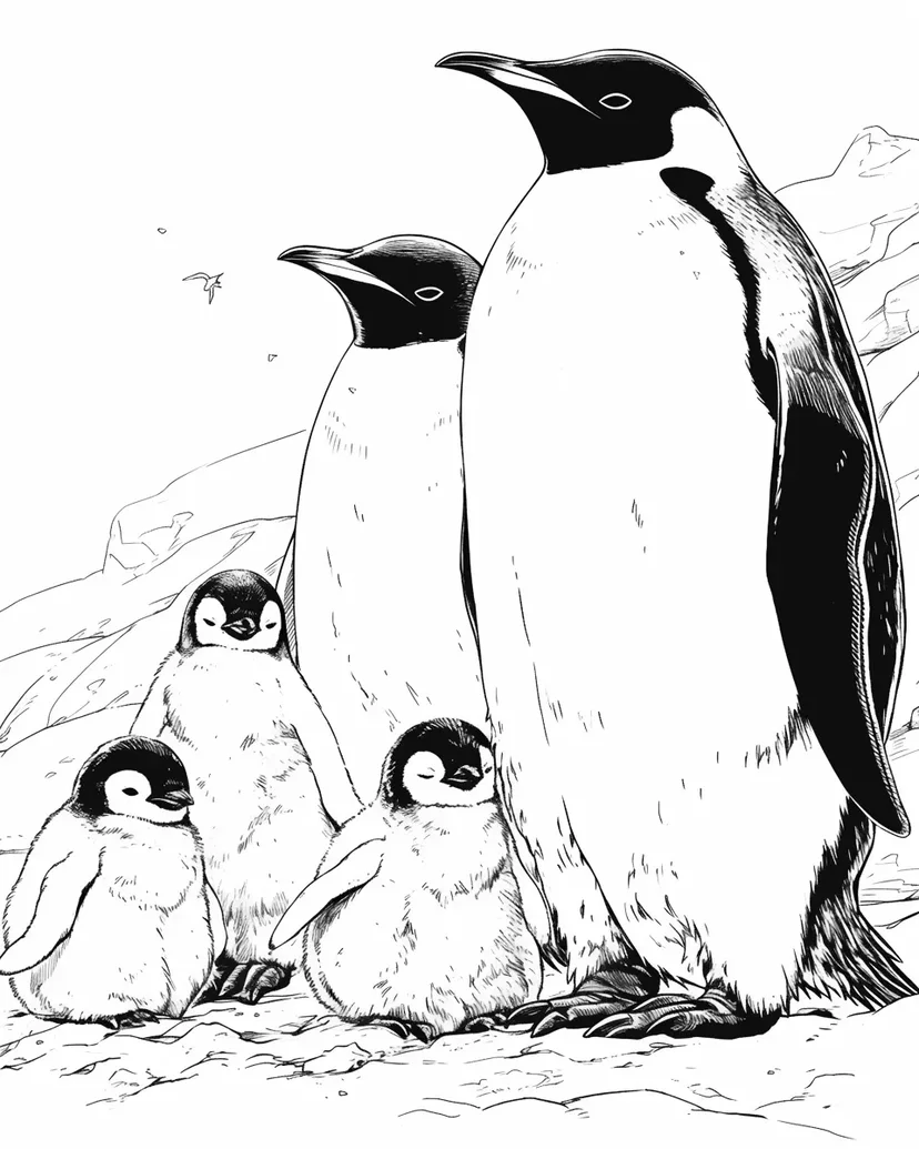 ペンギンの家族の塗り絵