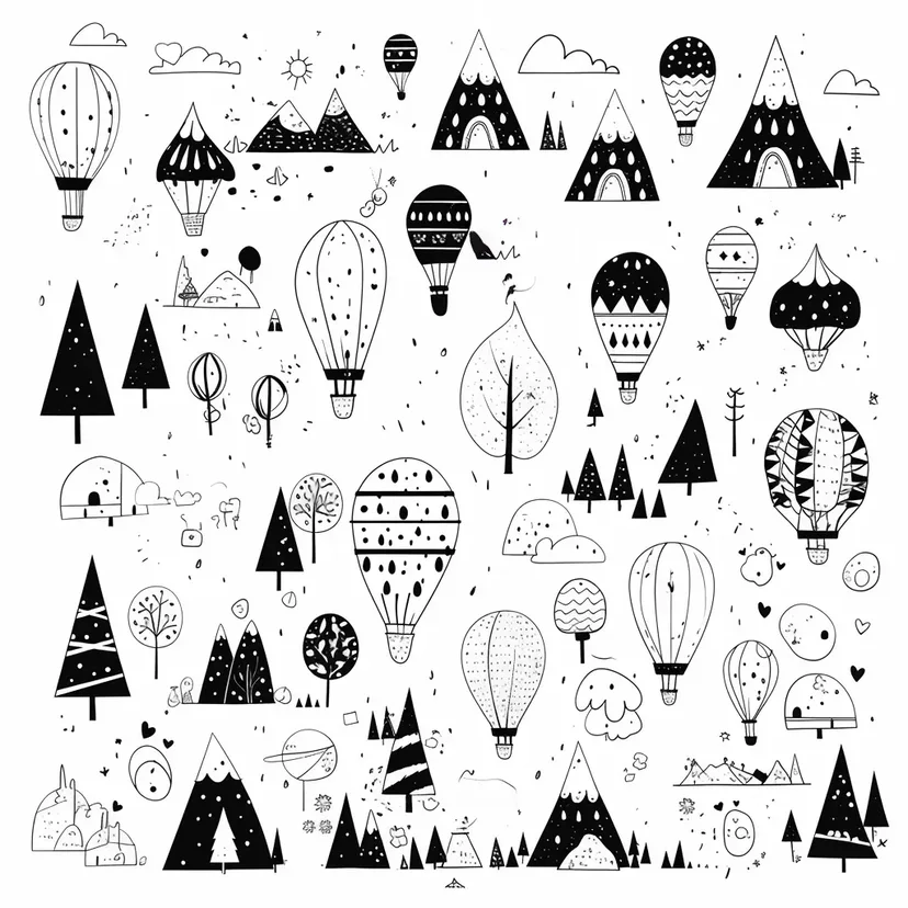 Desenho de Balões e Montanhas no Céu para colorir