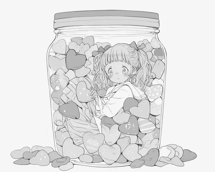 ハートの瓶に入った少女の塗り絵